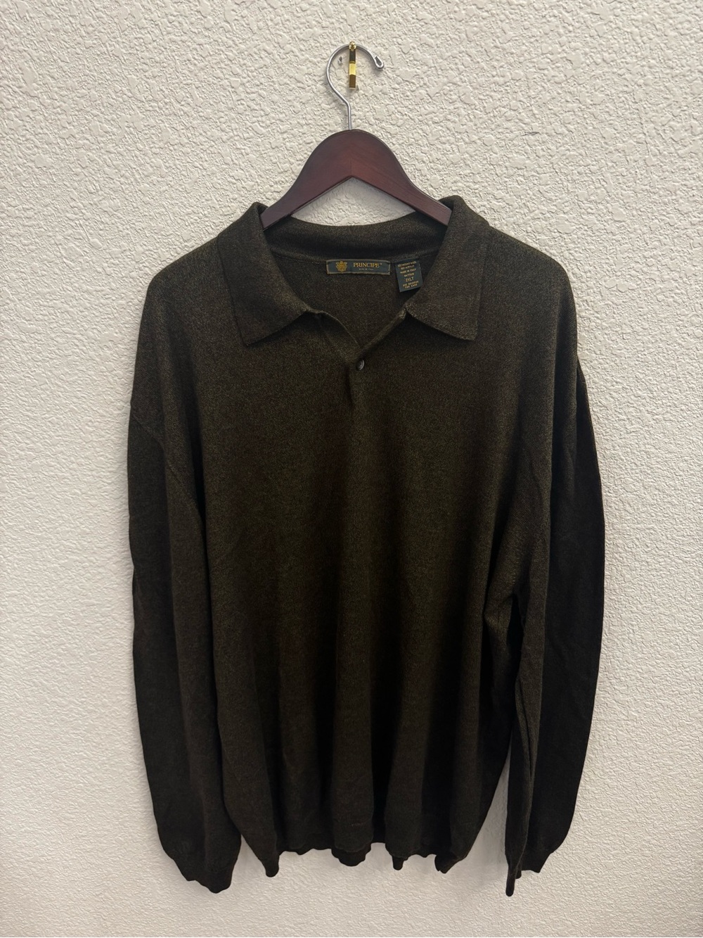 Principe Men's 2XLT Charcoal/Subtle Green Knit Polo Sweater Merino Wool